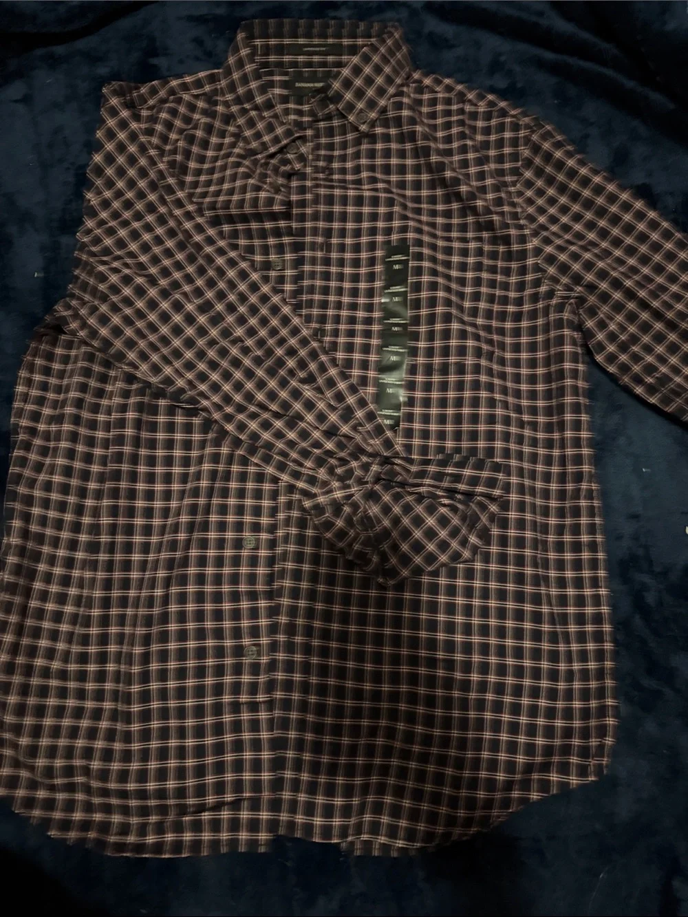 Men’s Banana Republic black Plaid Button-Up with Red and White Accents untucked